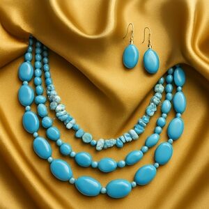 Women Blue Multi Strand Beaded Necklace & Earrings Set  22" Statement Jewelry